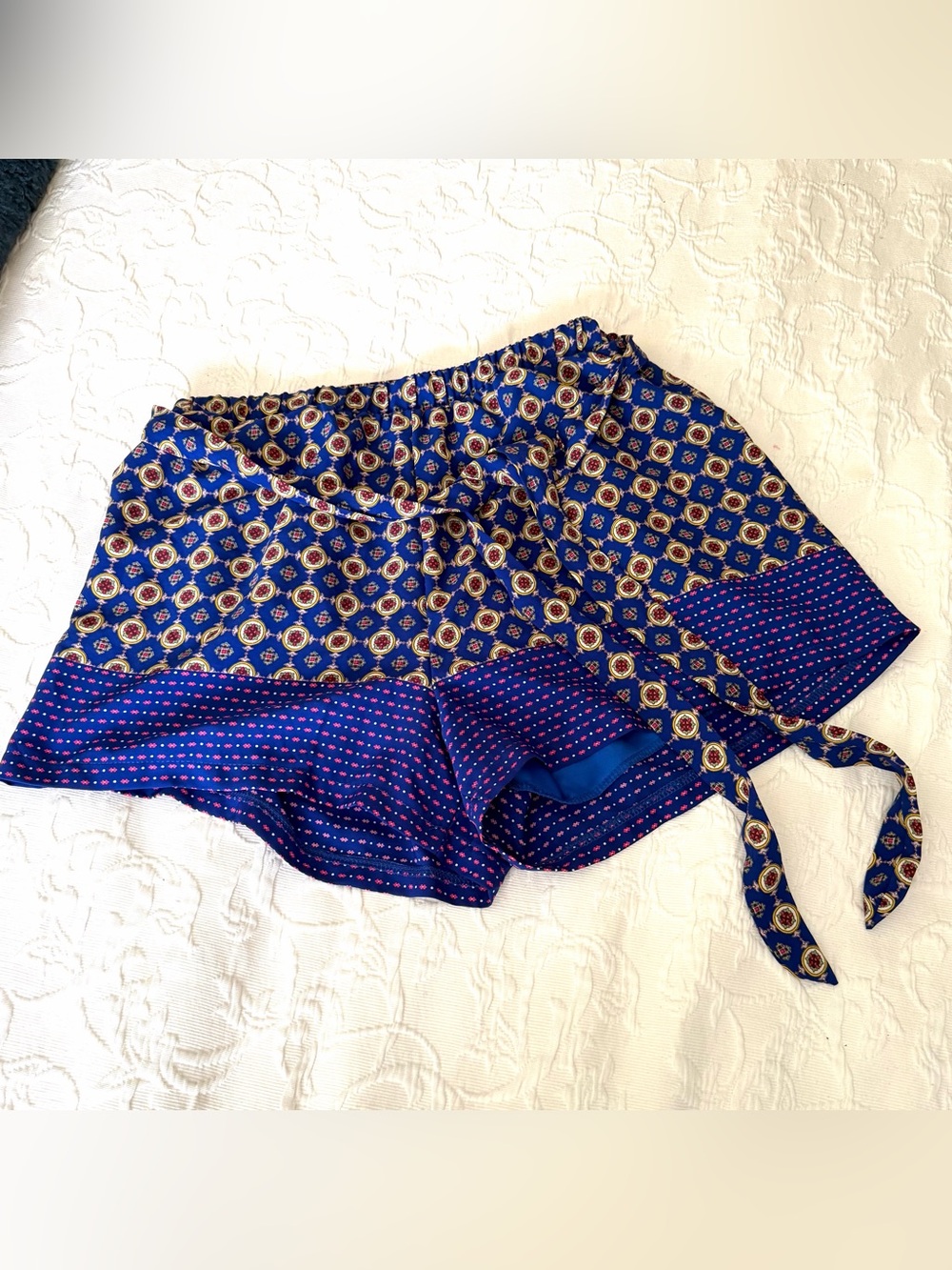 miami Royal Blue Mixed-Print Elastic Waist Shorts Vienna Style Sz M